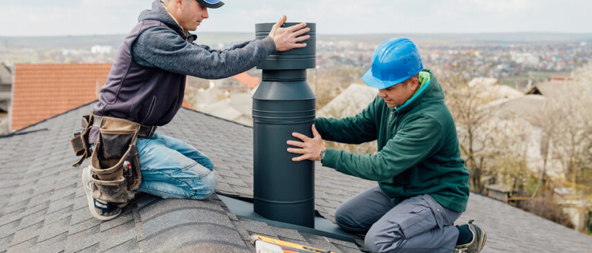 A pair of contractors install a chimney